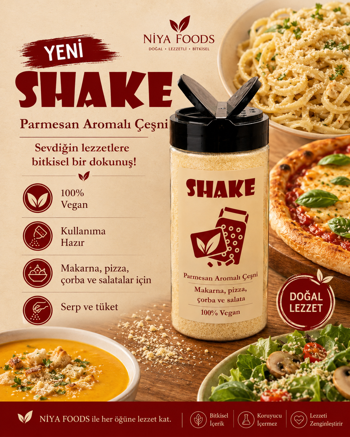 SHAKE kullanım alanları: makarna, pizza, çorba ve salata